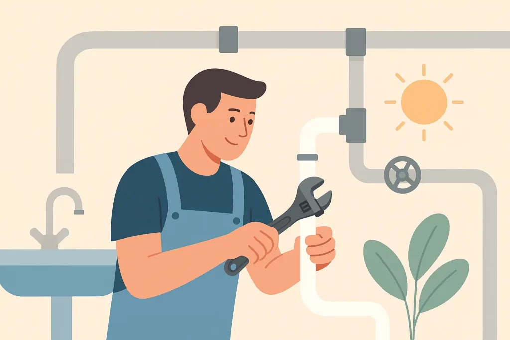 plumber and many aspects of plumbing in a house with a sun
