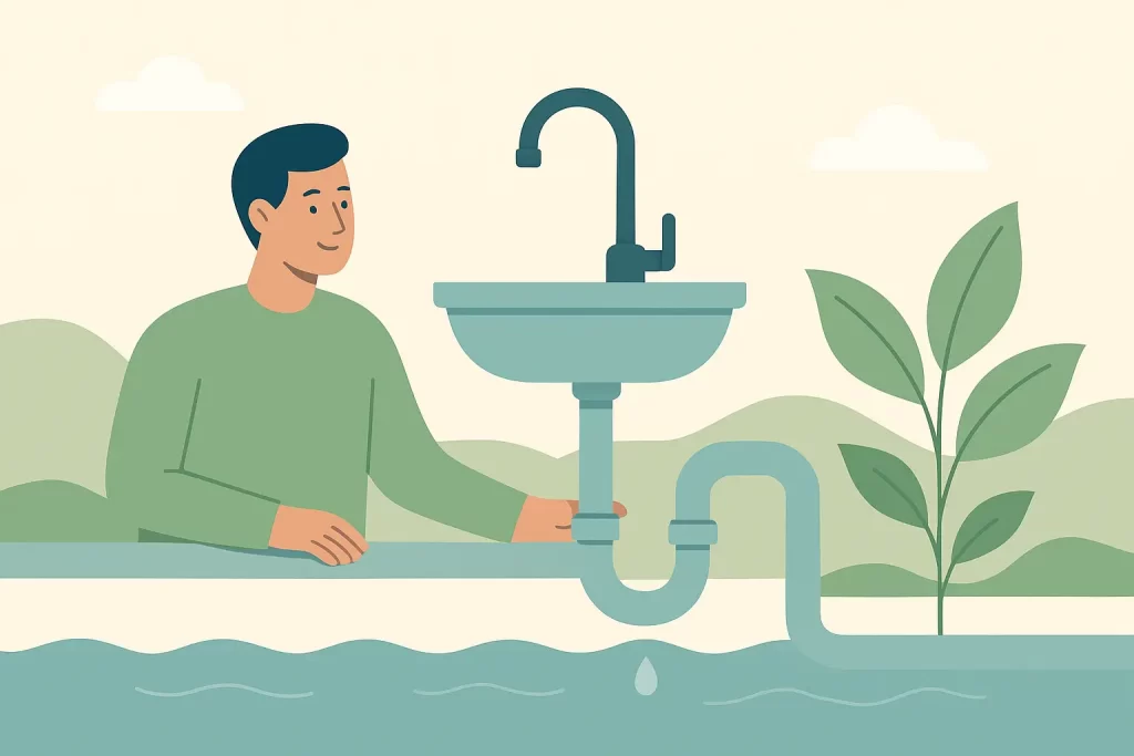 Illustration showing a homeowner keeping a sink drain clear to prevent blockages and protect the environment.