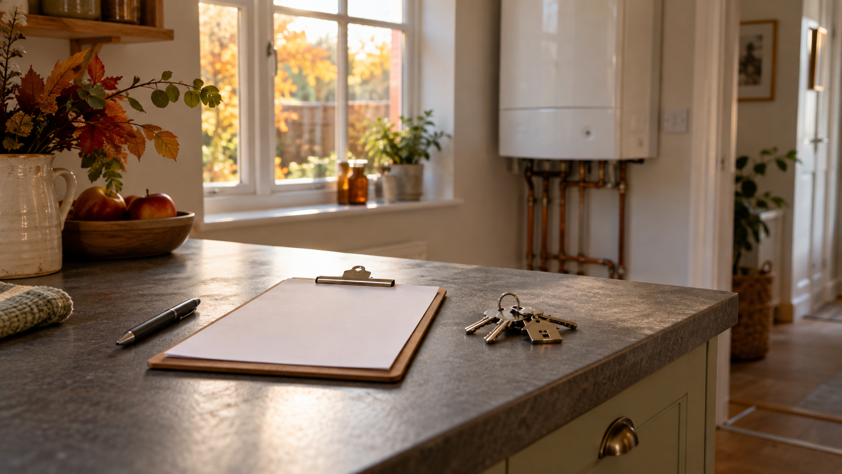 wall mounted boiler in the corner of a ktchen with a clipboard  and keys on the unit in front