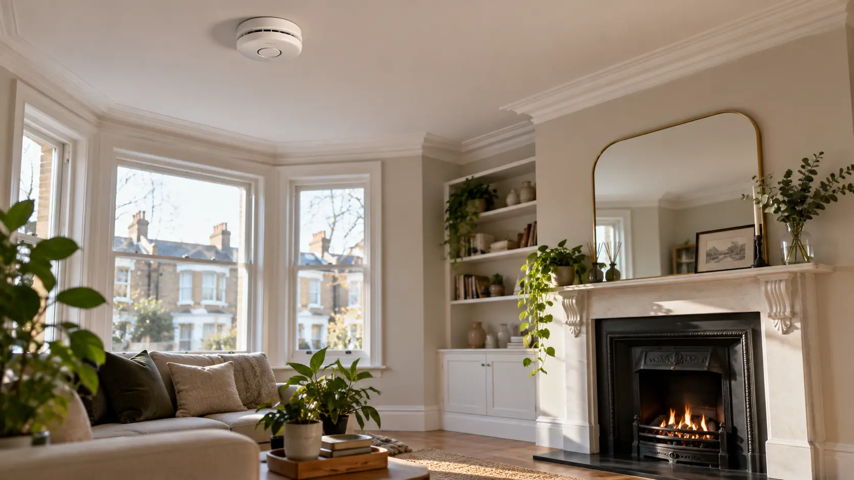 modern living room with smoke detector on ceiling