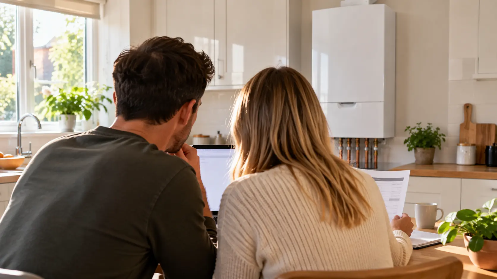 homeowners looking at a laptop in front of a wall mounted boiler