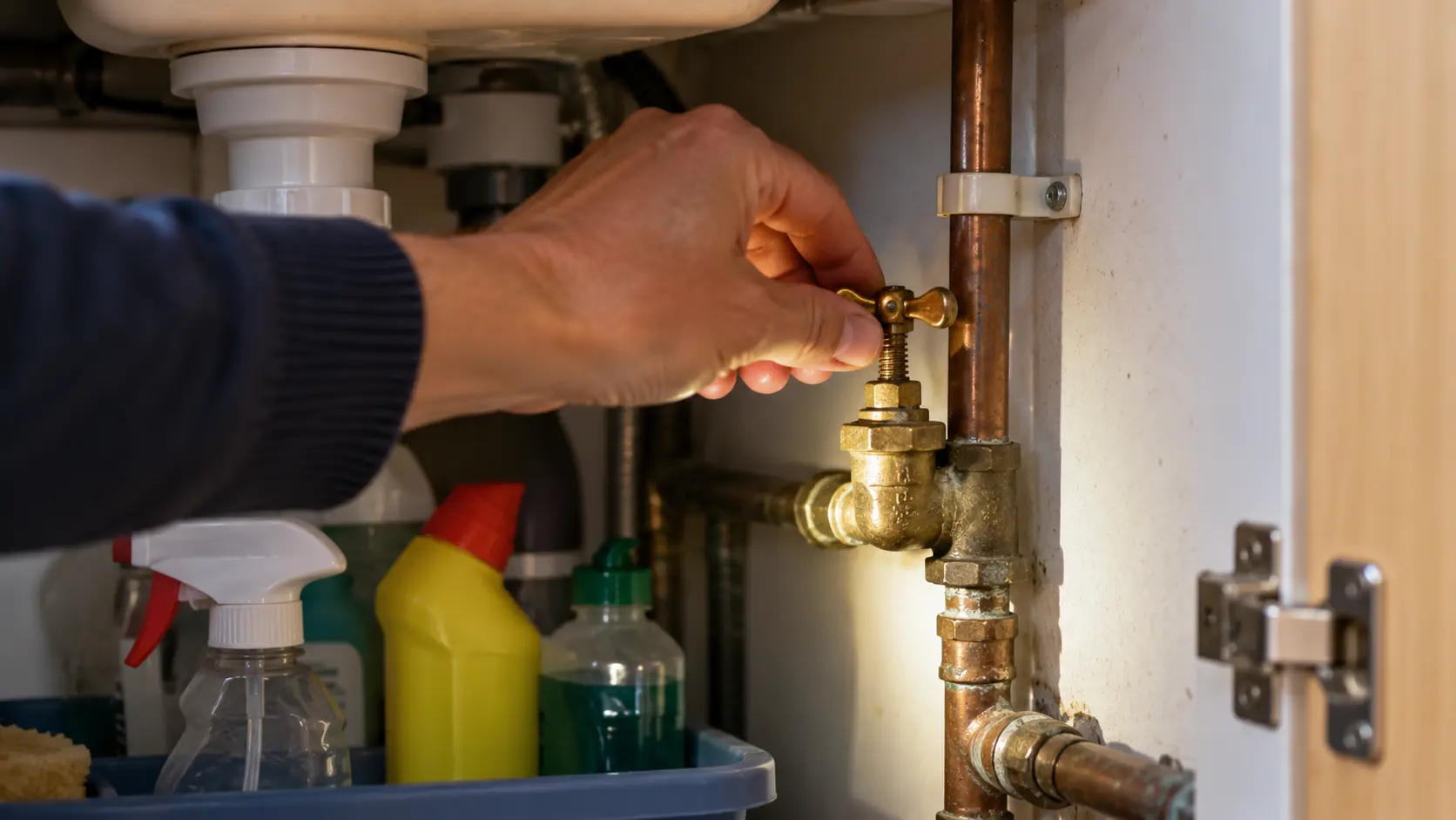 hand turning a stop tap in a kitchen cupboard